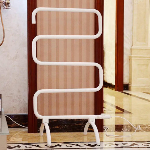 White freestanding hot towel warmer and drying rack for bathroom with 120W heated towel heater, built-in thermostat and on off switch.
