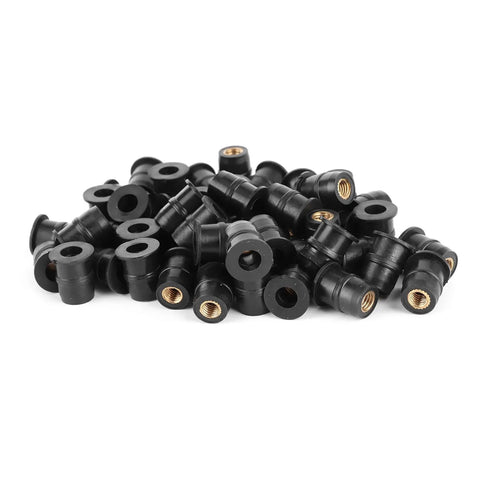 Heavy Duty M5 Rubber Nuts Featuring Brass Captive Cores For Motorcycle And Atv Windscreen Bolt Up Job Delivers Rock Solid Vibration Dampening And Reliable Rain Blockin For Kickass Street Runs In Fifty Count Bag in a pile.