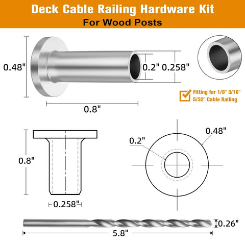 Diagram of Beefy Stainless Steel Cable Railing Sleeves For Wood Posts, 50 Pack, T316 Marine-Grade Protection, various dimensions shown