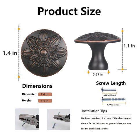 Oil Rubbed Bronze Cabinet Knobs Set 10 Pack One Point Four Inch Round Floral Design product size and dimensions guide