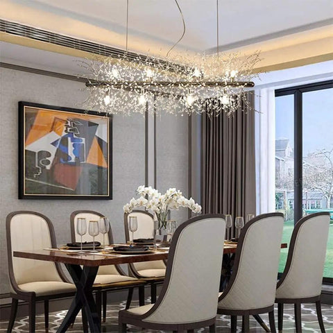Modern Crystal Firework Chandelier, Linear LED Pendant Light For Dining Room, Bedroom And Living Room, Chrome Dandelion Fixture