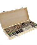 Open box showing 228 Piece Deluxe Universal Rotary Tool Accessory Kit For Sanding Polishing And Cutting Fits All Rotary Tools Including Dremel 1/8 Inch Shank Bands Fiber Cutoff Wheels Abrasive Wheels Wool Buffing Pads Aluminum Oxide Discs And More.