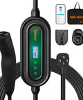 Level 2 EV Charger 40A 9.6kW fast charging unit with adjustable amperage, LED display, and accessories for electric cars.