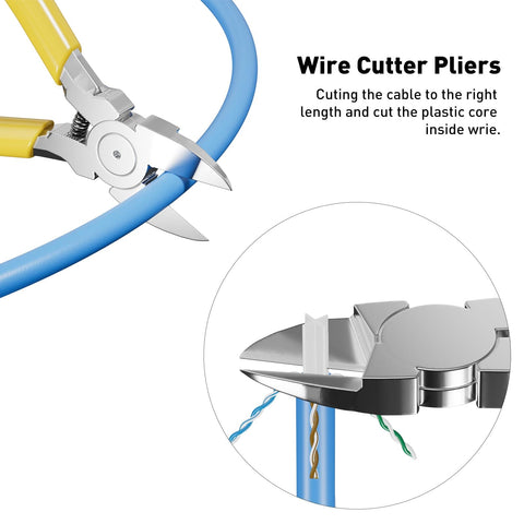 All In One Ethernet Crimping Tool Kit With Pass Through RJ45 Crimper Cable Tester Wire Cutters Pliers Network Cable Stripper Mini Stripper And 50 Cat6 Pass Through Connectors With Strain Relief Boots For Cat7 Cat6 Cat5 Networks showing wire cutter pliers cutting a blue cable