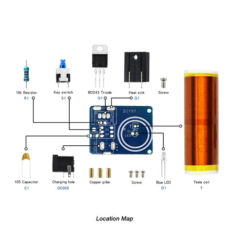 Components layout of Five-Project Soldering Practice Kit With DIY Electronics Projects Including Tesla Coil Wireless Light.