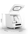 Hassle Free Countertop Dishwasher Running Fully Automatic Wash Cycles With Fast Self Dry, compact size with white exterior.