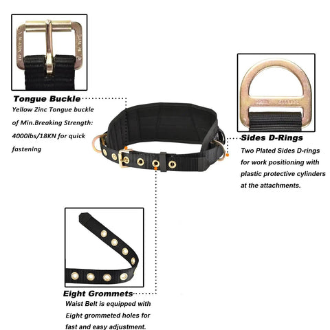 Tongue Buckle Body Belt with Hip Pad and dual side D-rings for work positioning, waist fits 30 to 45 inches, construction use