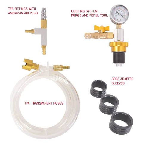 Universal Engine Cooling System Vacuum Purge And Refill Kit Set: tee fittings, purge tool, transparent hoses, adapter sleeves