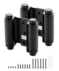 Home Master Hardware 3-inch matte black double-action self-closing door hinge, front view, 2-pack with screws