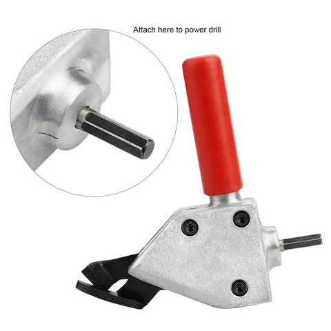 Drill Powered Sheet Metal Cutter Attachment With Quick Connect Scissor Blade, red handle, compatible with 12V drills.