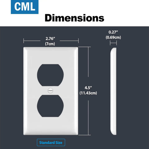 Duplex Outlet Covers Wall Plates 50 Pack 1 Gang White Dual Receptacle Faceplates 2.76 x 4.5 Inches UL Listed Easy Install Contractor Pack With Screws Included shown with dimensions