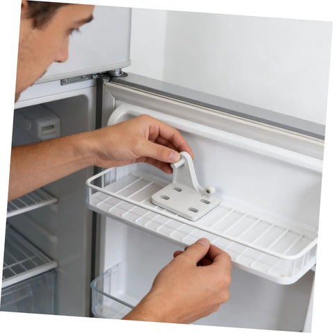 Installation of Top Shelf Metal Refrigerator Door Hinge Replacement Two Piece Adjustable Pivot Hardware for Fridge.