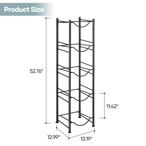 Five Gallon Water Jug Holder And Five Tier Heavy Duty Water Cooler Rack With Detachable Stand, black metal, dimensions shown.