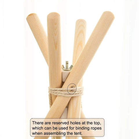 Replacement Wood Poles And Connectors For Kids Teepee Tent, 69 Inch Length, secured with rope and threaded connectors.