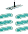 Six Pack Top Shelf Heavy Duty Microfiber Dust Mop Refills With Extra Long Fringe To Kick Dust To The Curb And Securely Grip Your Wall Sweeper Handle For No Sweat Pet Hair Pickup On Commercial Floors Daily, showing teal microfiber pads.