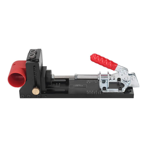 Top Shelf Heavy Duty Aluminum Pocket Hole Jig Kit With Rock Solid Frame For Precision Woodworking Drilling and Slick DIY Furniture Assembly In Any Home Workshop Or Garage Crew Setup, side view with clamp.