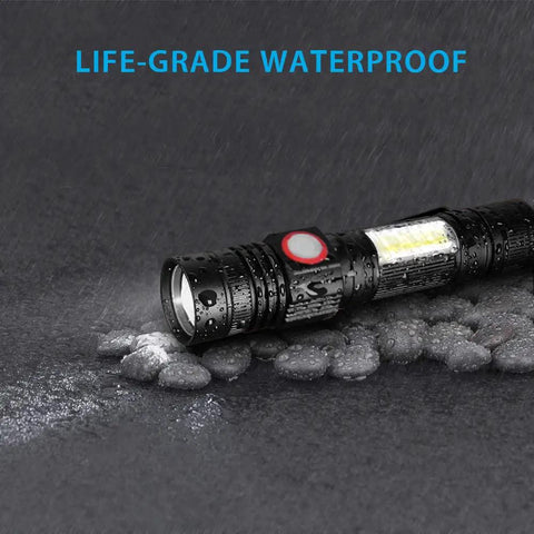 Waterproof Rechargeable LED Flashlight With Strong Magnetic Tail COB Work Light and Side Light shown in wet environment