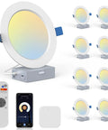 8 pack of 6 Inch Smart Recessed LED Can Lights with WiFi App and Remote, Tunable White 2700K to 6500K, 15W 1150LM displayed