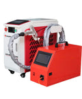 Heavy Duty 1500W Handheld Fiber Laser Welder With Auto Wire Feeder And 10M Cable on a metal platform, showcasing the machine's components.