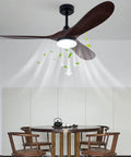 Pwefhsdjvh Ceiling Fan with Remote Control 48W LED Light 6 Speeds Quiet, modern design with three wooden blades in a dining room.