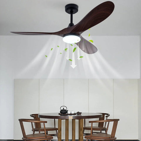 Pwefhsdjvh Ceiling Fan with Remote Control 48W LED Light 6 Speeds Quiet, modern design with three wooden blades in a dining room.