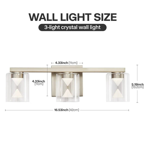 Dimmable 3 Light Bathroom Vanity Light Over Mirror, brushed nickel, adjustable LED fixtures with HD glass, size dimensions.