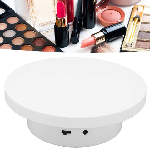 Electric Motorized Rotate Display Stand With 360 Degree Spin For Jewelry And Watches Plus Full Angle Photography Setup Using USB Power, white turntable with USB power connection.