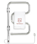 4 Bar Polished Chrome Wall Mounted Towel Warmer With Swivel Bars Plug In Electric Towel Rack For Bathroom Space Saving Keeps Towels Toasty Warm And Dry After Showers, displaying serpentine design with towel draped.