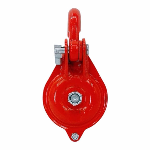 Front view of Half-Ton Heavy Duty Single Sheave Yarding Block With Shackle Pulley For Cable And Wire Rope, red powder coated finish