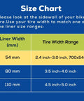 Size chart for Fat Bike Tire Liners Self Adhesive And Tough As Nails 54mm Pack Of 2 For 2.4 To 5.0 Inch Wide Tires