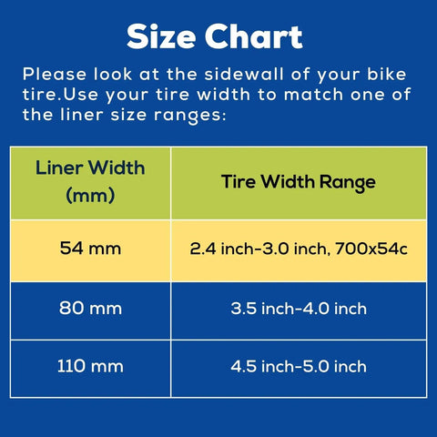 Size chart for Fat Bike Tire Liners Self Adhesive And Tough As Nails 54mm Pack Of 2 For 2.4 To 5.0 Inch Wide Tires