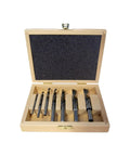 Hardcore High Speed Steel Wood Drill Bit Set With Razor Sharp Brad Point Tips in wooden case for precise cutting.