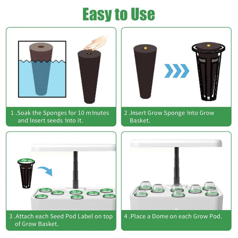Easy setup instructions for Grow Anything Indoor Hydroponics Kit For Garden Nerds With 12 Grow Sponges, 36 Pod Labels, 12 Plant Baskets Domes
