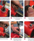 14 Piece M14 X 1.5 Thread Repair Kit With High Speed Steel Inserts And Red Handle in use on red metal showing repair steps