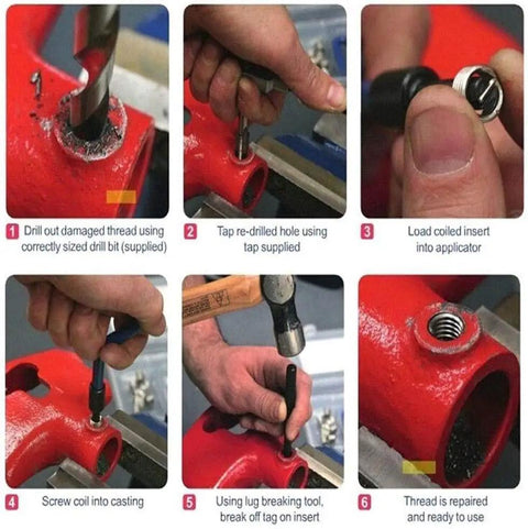 14 Piece Thread Repair Kit For M14 X 1.25mm Threads With High Speed Steel Inserts And Red Handle Auto Repair Must Have For Engine And Mechanical Repairs Durable Hand Tool Set To Fix Damaged Or Worn Threads instructions showing drilling, tapping, inserting, and repairs.