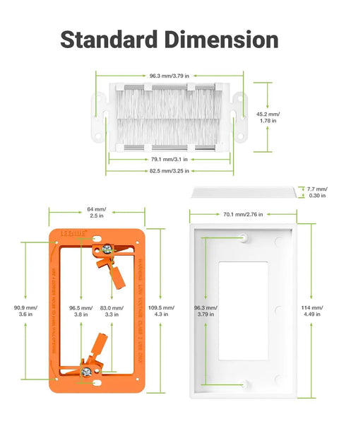 Standard dimensions of Straight Shooting Brush Cable Wall Plate With Sturdy Mounting Bracket for HDMI and Ethernet.