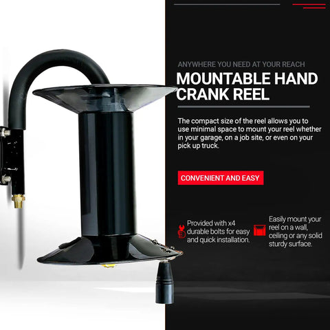 Retractable Air Hose Reel With Hand Crank Built Tough Three Eighths Inch By Fifty Feet 300 PSI 20 Bar against text details