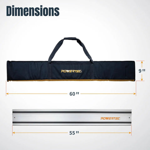 Top Shelf 110 Inch Track Saw Guide Rail Kit With Two 55 Inch Rails showing dimensions in protective bag and aluminum rail.
