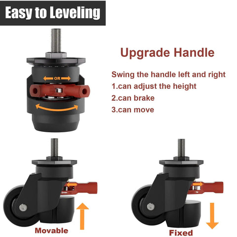 Four Pack Heavy Duty Leveling Casters Set With 580 Lb Capacity, Adjustable Height 0.2 In, 360 Degree Swivel, M12 And Half Inch Stems, Built For Workbenches, Machines, Equipment, And Heavy Furniture