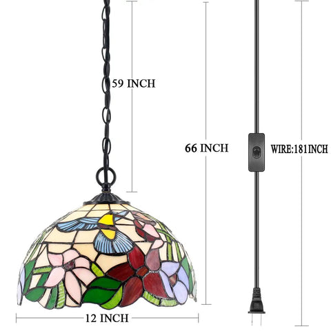 Tiffany Pendant Light Plug In Hummingbird Amber Stained Glass, 12 Inch Hanging Lamp From S101 Series with 59 Inch Chain Shown