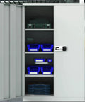 Commercial Grade Heavy Duty Steel Parts Cabinet Featuring Smooth Glide Drawers For Shop Crews with blue bins and locked door.