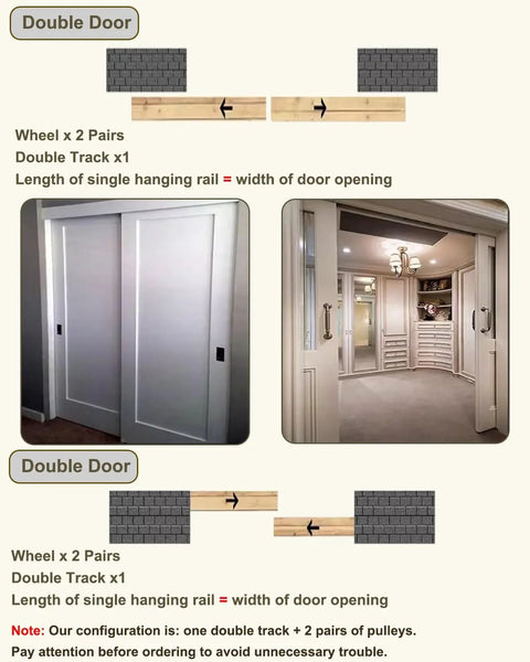 Double door hardware installation guide with wheels, track, and images for Heavy Duty Bypass Sliding Door Hardware Kit With Four Stainless Steel And Nylon Rollers For Hella Smooth Wardrobe Barn Door Operation And Quick Diy Install With Serious Bang For Your Buck On Any Door Frame.