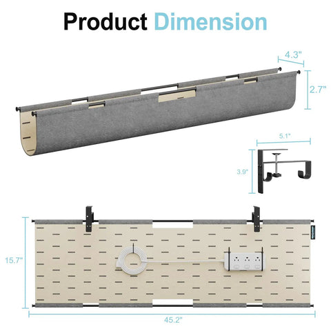 Product dimensions of the 2 In 1 Under Desk Cable Management Tray And Privacy Panel With Dual Sided Felt Cord Organizer in gray khaki.