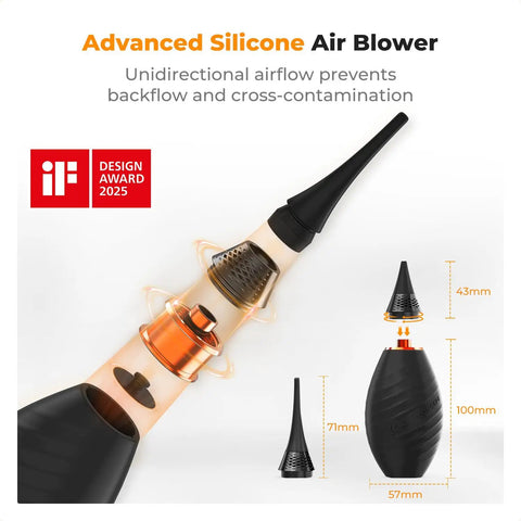 10 In 1 Camera Lens Cleaning Kit For DSLR And Digital Cameras with advanced silicone air blower and nozzle sizes shown