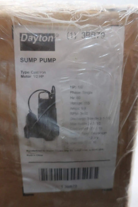 Heavy Duty Submersible Sump Pump Iron Body 1 1/2 Inch Discharge 1/2 HP 120V AC Motor Basement Water Removal Built Tough Workhorse. Box label.
