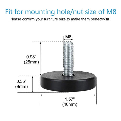 Diagram of M8 25 40mm Leveling Feet Adjustable Leveler with measurements for mounting hole, base, and thread.