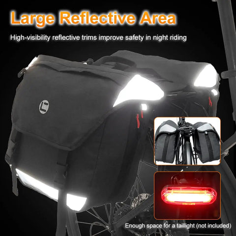 Rear Rack Panniers With 25 To 35 Liter Expandable Capacity Water Resistant Cycling Luggage For Ebike Commuters dual compartments with reflective trims shown at night
