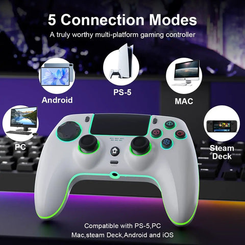 Multiplatform Wireless Gamepad For PS5 Pro PC Mac iOS Android 10 Steam Deck with RGB lighting and connection modes displayed