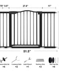 Diagram of extra wide baby gate with door showing dimensions, accessories, and tool-free installation. Fits 29 to 51 inches openings.
