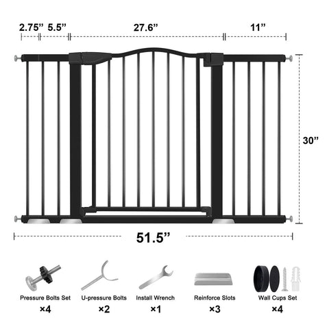 Diagram of extra wide baby gate with door showing dimensions, accessories, and tool-free installation. Fits 29 to 51 inches openings.